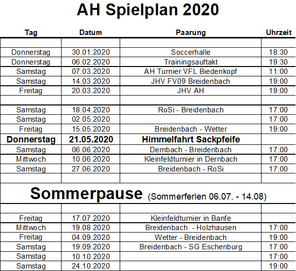 Spielplan Alte Herren FV 09 Breidenbach
